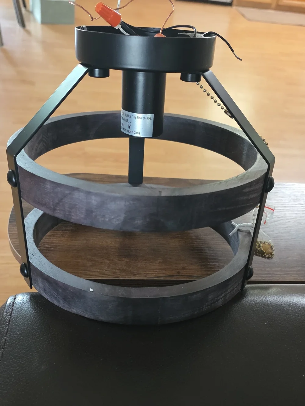 NWT Two-Tier Dark Wood & Black Metal Hanging Light Fixture